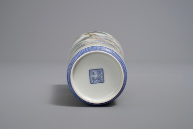 A Chinese famille rose eggshell rouleau vase, Qianlong mark, 20th C.