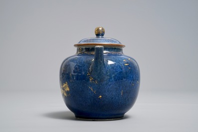 A Chinese powder blue and gilt teapot and cover, Kangxi