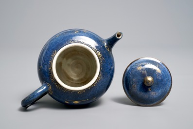 A Chinese powder blue and gilt teapot and cover, Kangxi