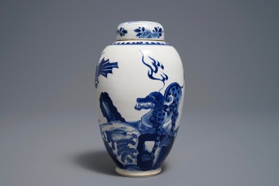 A Chinese blue and white 'mythical beasts' vase and cover, Kangxi