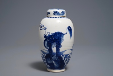 A Chinese blue and white 'mythical beasts' vase and cover, Kangxi