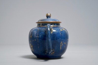 A Chinese powder blue and gilt teapot and cover, Kangxi