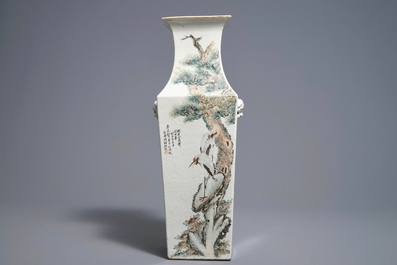 A square Chinese qianjiang cai landscape vase, Wang Youtang, early 20th C.
