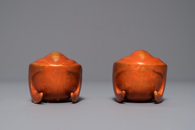 A pair of Chinese coral ground bat-shaped brush washers, 18/19th C.