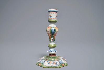 A polychrome Dutch Delft candlestick, 18th C.