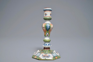 A polychrome Dutch Delft candlestick, 18th C.