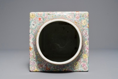A Chinese famille rose cong vase with flowers and birds, Hongxian mark, 20th C.
