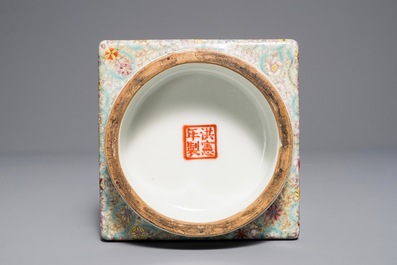A Chinese famille rose cong vase with flowers and birds, Hongxian mark, 20th C.