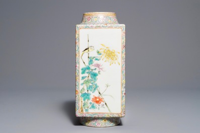 A Chinese famille rose cong vase with flowers and birds, Hongxian mark, 20th C.