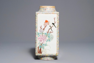 A Chinese famille rose cong vase with flowers and birds, Hongxian mark, 20th C.