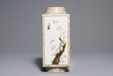 A Chinese famille rose cong vase with flowers and birds, Hongxian mark, 20th C.