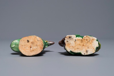 Two Chinese verte biscuit waterdroppers shaped as a rooster and a lion, Kangxi