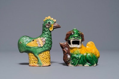 Two Chinese verte biscuit waterdroppers shaped as a rooster and a lion, Kangxi