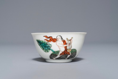 A Chinese cup and saucer with mythological design of Pan playing the lyre, Qianlong