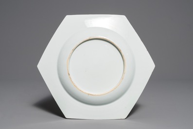 A fine Chinese hexagonal famille rose 'peony' dish, Yongzheng