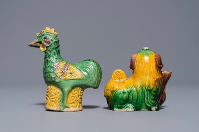 Two Chinese verte biscuit waterdroppers shaped as a rooster and a lion, Kangxi
