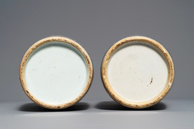 A pair of Chinese famille rose rouleau vases, 19th C.