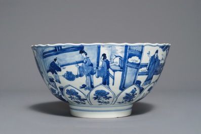 Een Chinese blauwwitte gemouleerde kom met interieursc&egrave;nes, Xuande merk, Kangxi