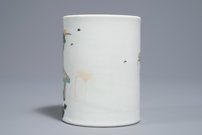 A Chinese famille verte Kangxi style brush pot, 19/20th C.