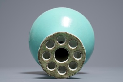A Chinese famille rose turquoise ground lotus flower-shaped vase, 19/20th C.