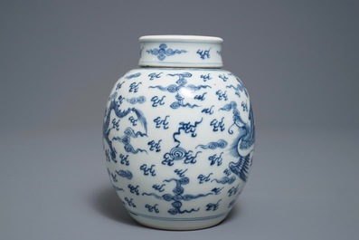 A Chinese blue and white 'dragon and phoenix' jar and cover, Kangxi/Yongzheng