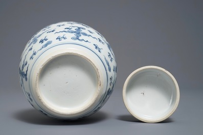 A Chinese blue and white 'dragon and phoenix' jar and cover, Kangxi/Yongzheng