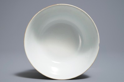 A Chinese famille rose on yellow ground 'phoenix' bowl, Qianlong mark, 19th C.