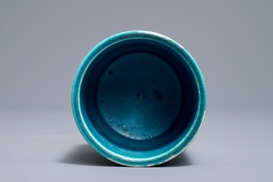 A Chinese monochrome turquoise-glazed brush pot and a plate, Kangxi