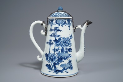 A Chinese blue and white silver-mounted jug and cover, Qianlong