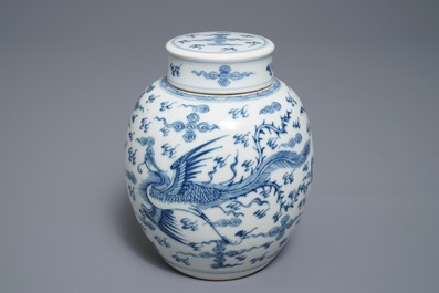 A Chinese blue and white 'dragon and phoenix' jar and cover, Kangxi/Yongzheng
