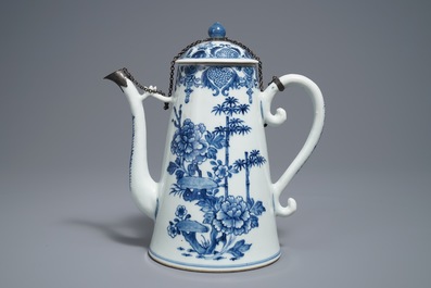 A Chinese blue and white silver-mounted jug and cover, Qianlong