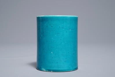 A Chinese monochrome turquoise-glazed brush pot and a plate, Kangxi