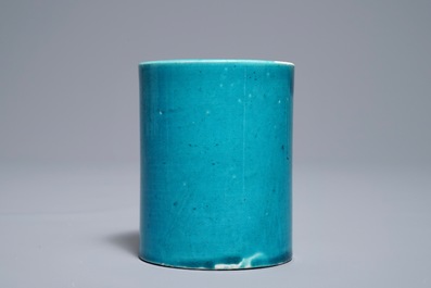 A Chinese monochrome turquoise-glazed brush pot and a plate, Kangxi