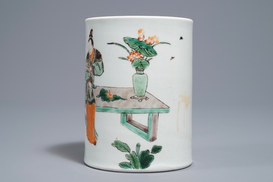 A Chinese famille verte Kangxi style brush pot, 19/20th C.