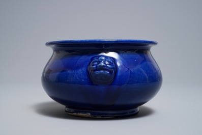 A Chinese monochrome 'sacrificial blue' incense burner, Kangxi/Qianlong