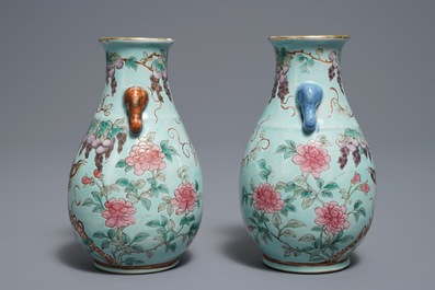 A pair of Chinese turquoise ground Dayazhai style hu vases, 19/20th C.