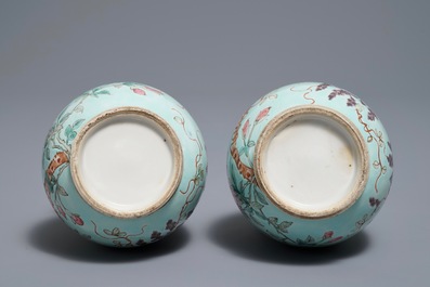A pair of Chinese turquoise ground Dayazhai style hu vases, 19/20th C.