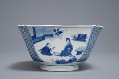 A square Chinese blue and white bowl, Chenghua mark, Kangxi
