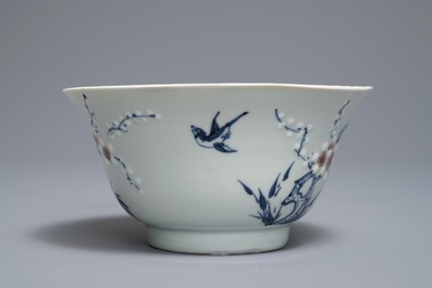 A Chinese blue, white and red on celadon ground 'prunus' bowl, Kangxi