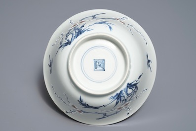 A Chinese blue, white and red on celadon ground 'prunus' bowl, Kangxi