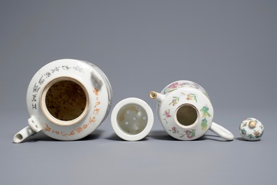 Two Chinese famille rose and qianjiang cai teapots, 19/20th C.
