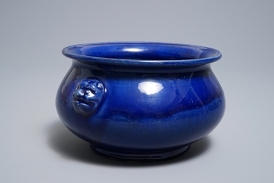 A Chinese monochrome 'sacrificial blue' incense burner, Kangxi/Qianlong
