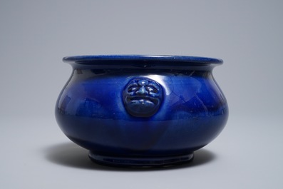A Chinese monochrome 'sacrificial blue' incense burner, Kangxi/Qianlong