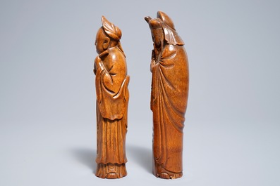 Twee Chinese bamboe figuren, 19e eeuw
