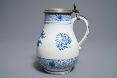 A Japanese blue and white pewter-mounted Arita jug, Edo, 17/18th C.