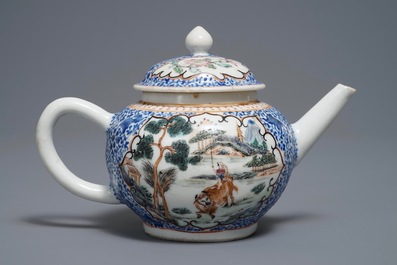 A Chinese famille rose and overglaze blue teapot and cover, Yongzheng