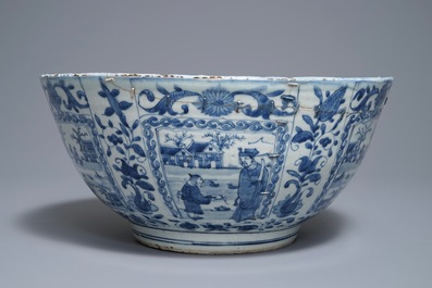A large Chinese blue and white kraak porcelain bowl with figurative panels, Wanli