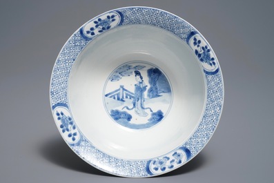 A Chinese blue and white klapmuts bowl with figural design, Jiajing mark, Kangxi