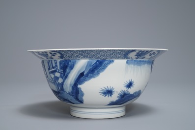 A Chinese blue and white klapmuts bowl with figural design, Jiajing mark, Kangxi