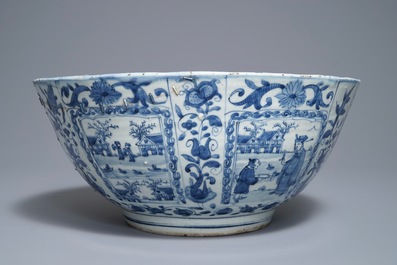 A large Chinese blue and white kraak porcelain bowl with figurative panels, Wanli